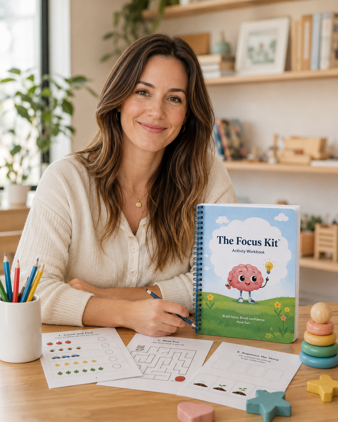 Maya Bennett, founder of Hey Little Brain, at her desk