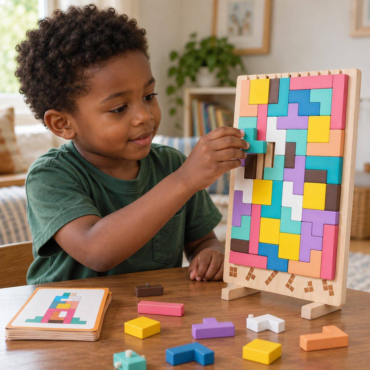 Brain Blocks pattern cards and wooden shapes
