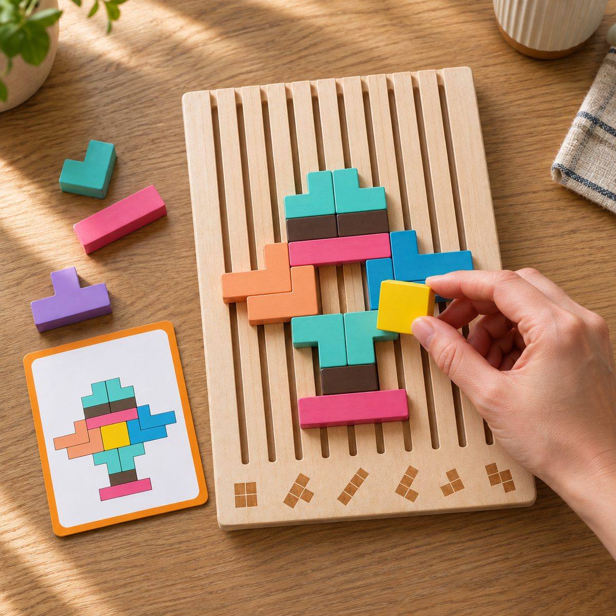 Brain Blocks pieces clicked into the wooden board
