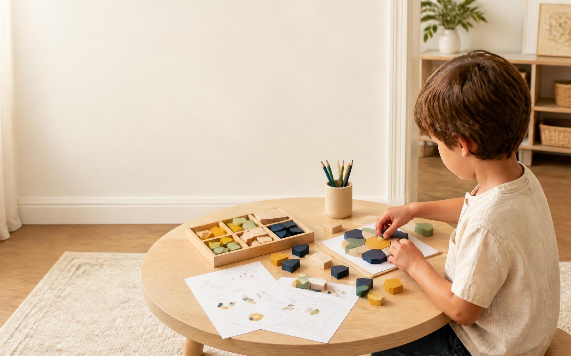 Child exploring wooden shapes and printed learning activities at a low table